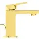 Waschbeckenarmatur in gebürstetem Goldfinish von Ideal Standard, mit einem seitlichen Hebel zur Steuerung des Wasserflusses und einer modernen, geraden Form.